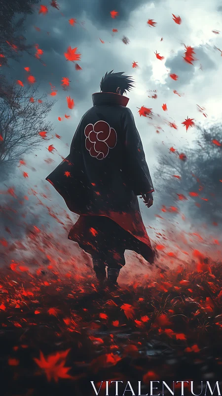 Solitary cloaked figure walks through red leaves in storm