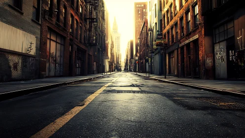 Deserted urban street at sunrise with wet asphalt and brick facades