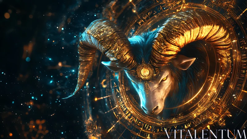 Golden ram head with glowing zodiac circle and sparks.