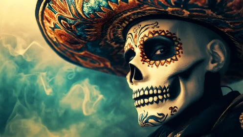 Day of the Dead skull makeup portrait in ornate sombrero.