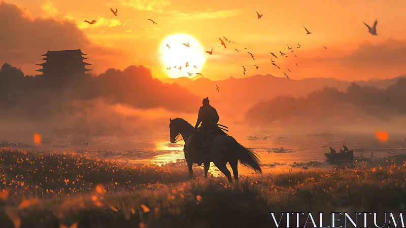 Rider at sunrise beside misty river and distant pagoda.