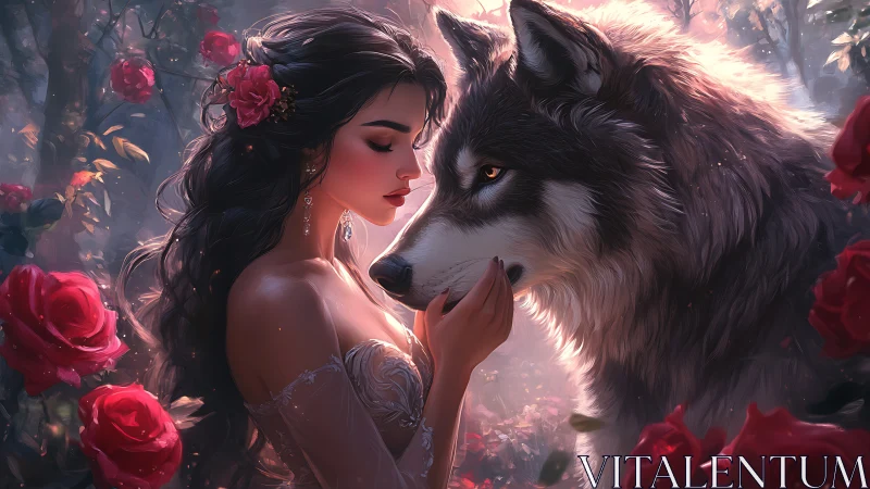 Romantic close-up of woman and wolf rendered in soft volumetric light