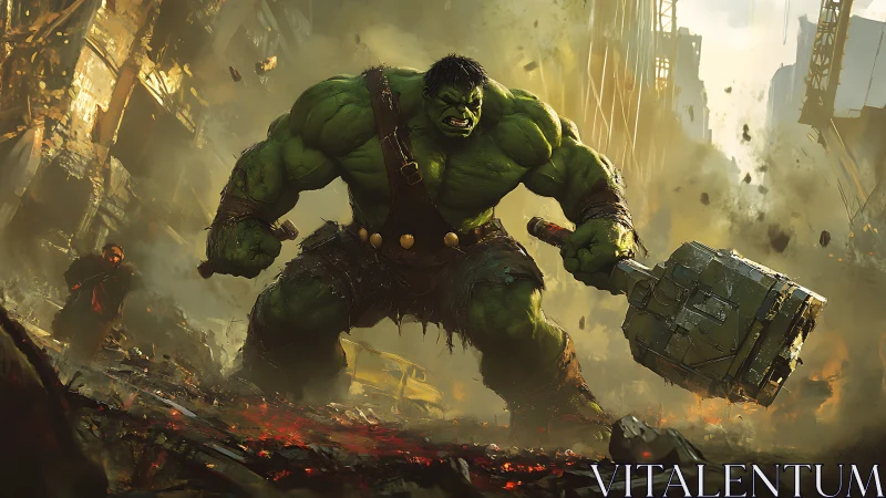 Green brute warrior wielding giant hammer in ruined city.