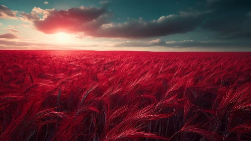 Crimson wheat horizon under dramatic sunset sky panorama.