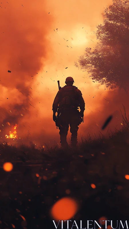 Soldier silhouette in burning landscape under orange sky.