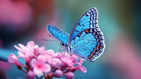 Cerulean butterfly on pink florets in shallow depth-of-field.