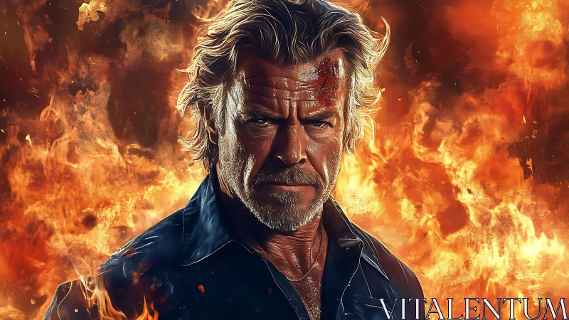 Weathered hero stands strong in a storm of roaring fire