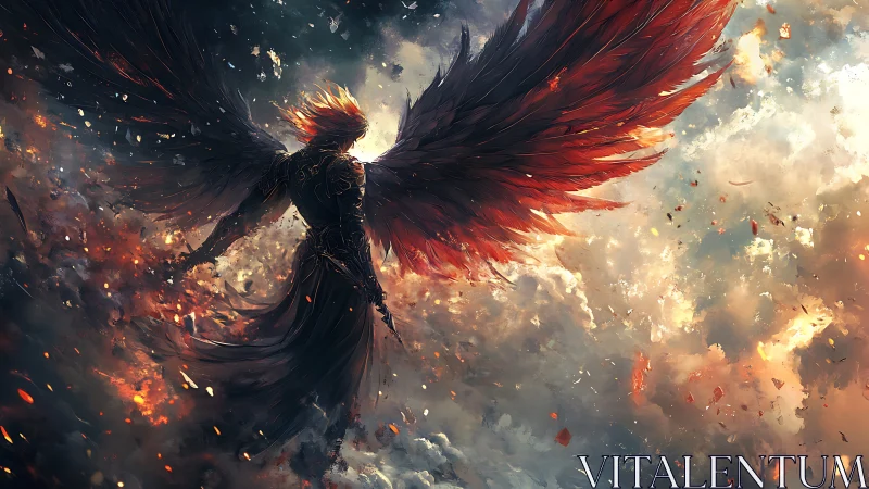 Fire-winged guardian rising through a storm of embers.