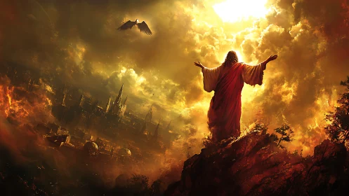 Messianic figure overlooks burning city under apocalyptic sky