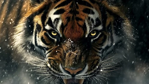 Close frontal view shows tiger face framed by falling snow