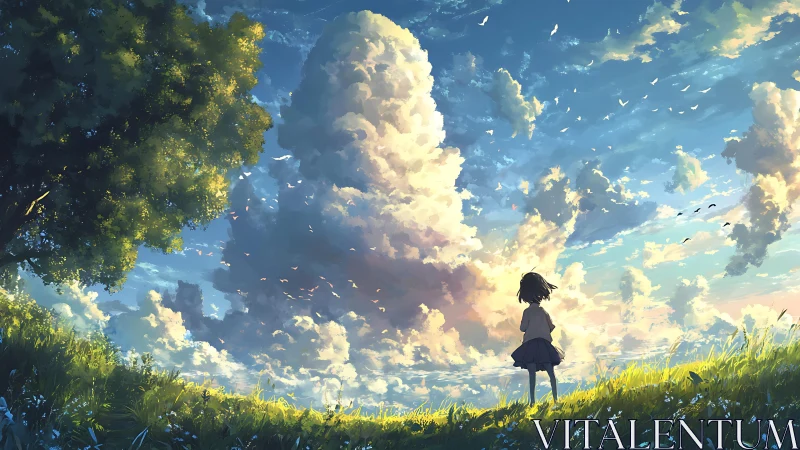 Girl on grassy hill under expansive cloud-filled sky.