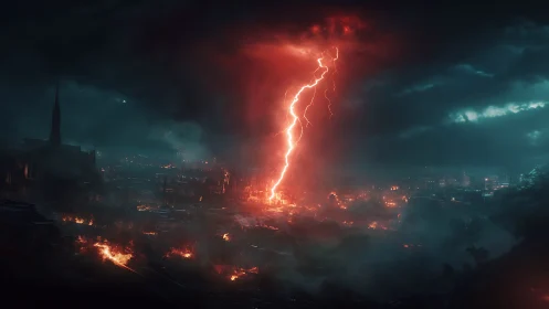 Red lightning strike illuminates burning urban landscape at night
