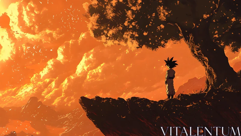 Lone warrior overlooks blazing sunset cloud horizon