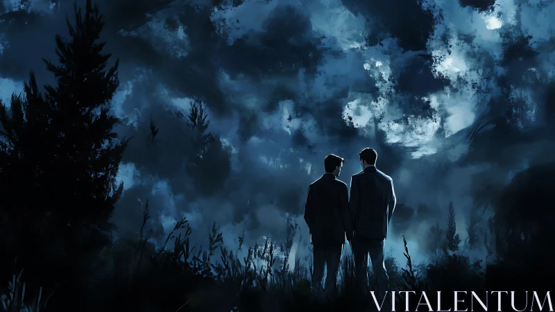 Two suited figures observing cloudy night forest sky.