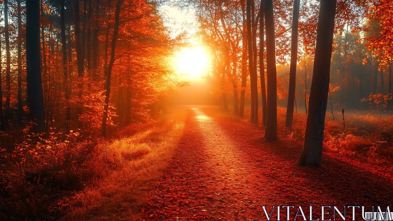 Autumn forest pathway with backlighting showing chromatic saturation and atmospheric golden hour eff