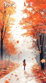 Solitary figure on misty autumn path under vibrant maple canopy