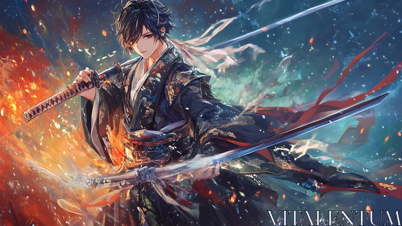 Elegant anime swordsman stands between fire and starlit sky