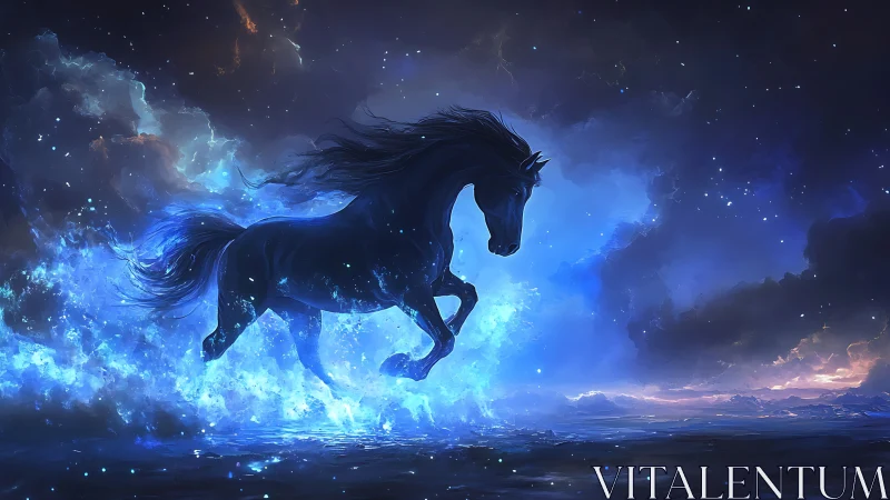 Stallion leaps through glowing blue cosmic mist at night