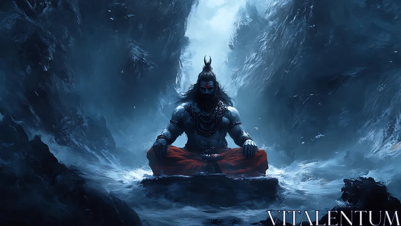 Stormborne ascetic in crimson calm at the frozen chasm.