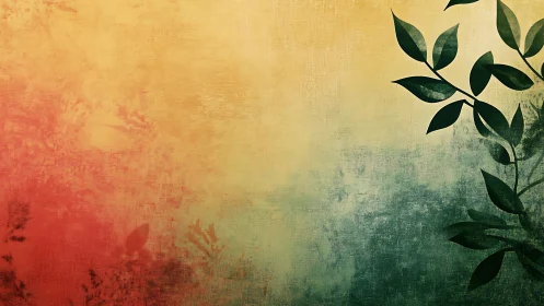 Green leafy silhouette on textured red yellow gradient wall.
