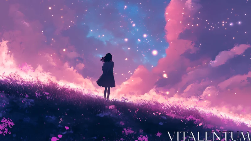 Silhouetted girl under nebula sky in luminous violet field.