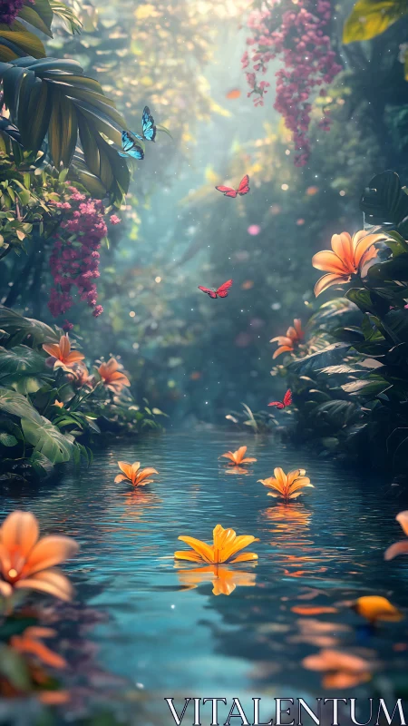 Butterflies drift above lilies as a secret river glows