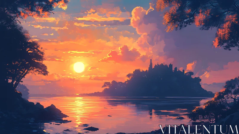 Radiant coastal sunset with silhouetted island fortress skyline