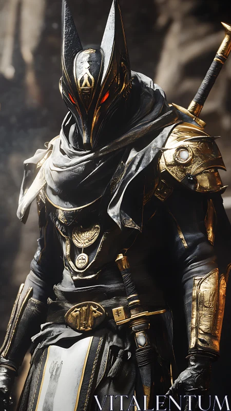 Armored jackal guardian in ornate black and gold regalia.