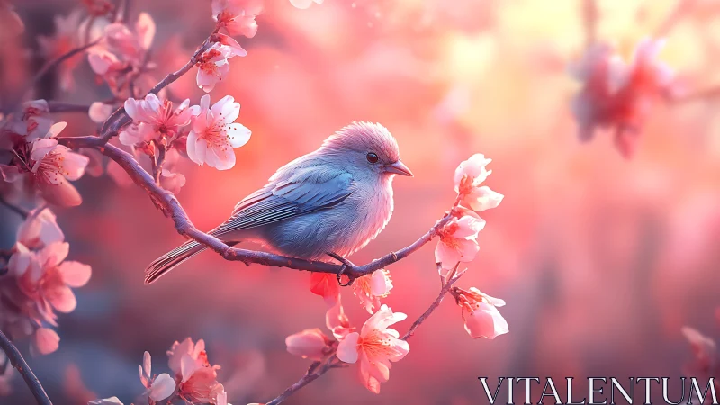 Pastel songbird rests amid glowing peach blossoms.