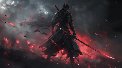 Backlit armored swordsman in red-lit ash storm, dynamic silhouette
