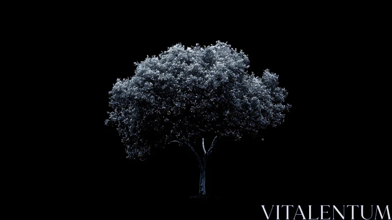 Solitary deciduous tree isolated on deep black background.