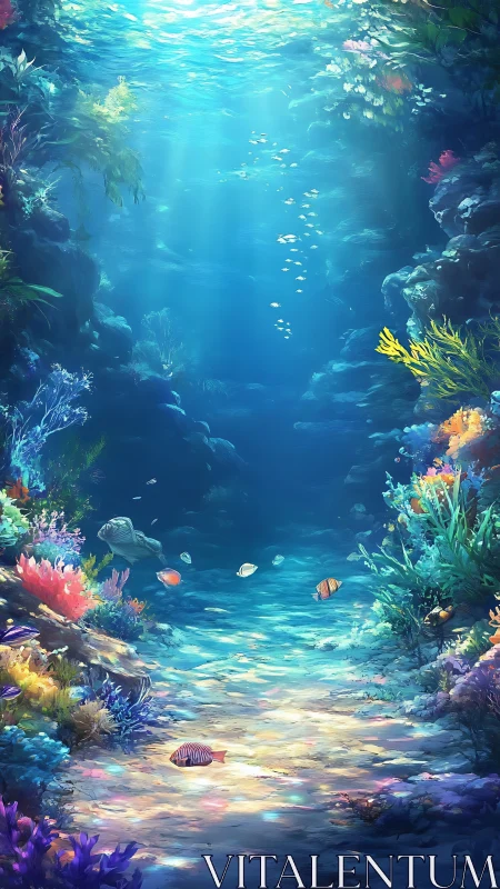 Sunlit coral canyon where tiny reef wanderers drift by.