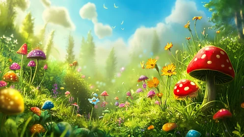 Sunlit toadstool meadow where daydreams quietly bloom.