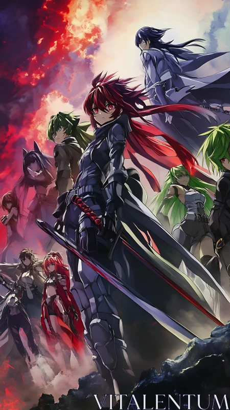 Armored anime warriors stand united beneath a burning sky.