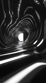 Liquid tunnel of monochrome light folding toward exit.