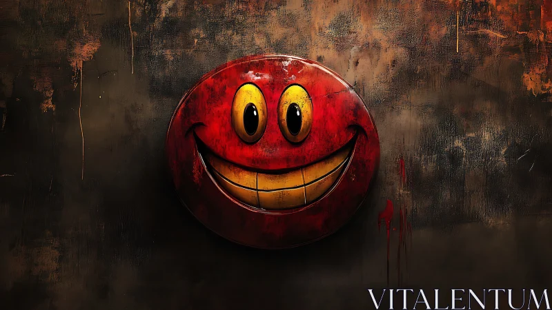Playfully eerie red smiley face brightening a grungy wall.