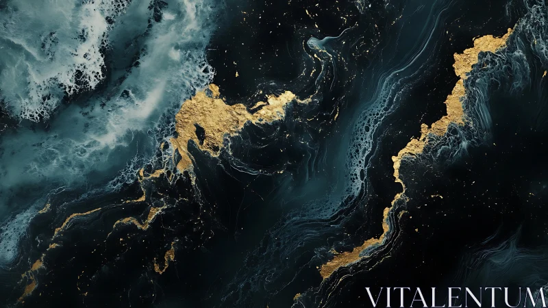 Dark fluid abstract with gold marbled streaks on black background.