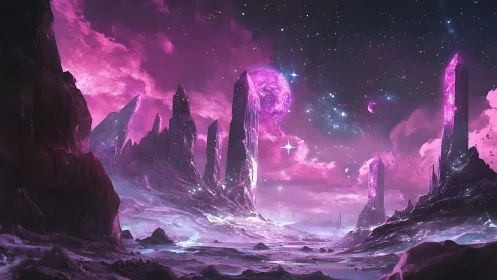 Dreamy crystal planet under a glowing violet night sky.