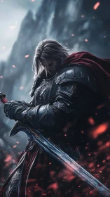 Solemn knight at rest beneath stormy, ember-lit skies.