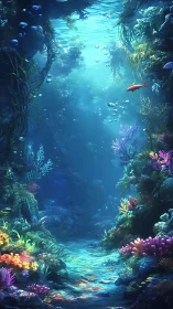 Sunlit coral canyon welcomes a calm undersea wanderer