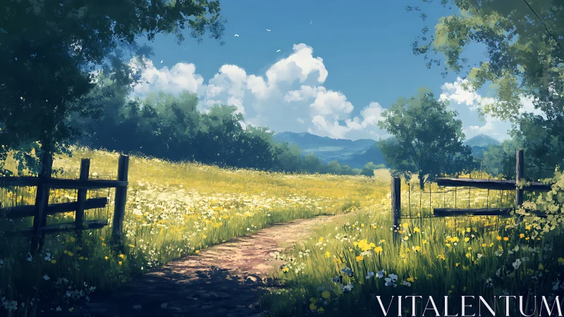 Sunlit wildflower meadow path with wooden farm gate under blue sky