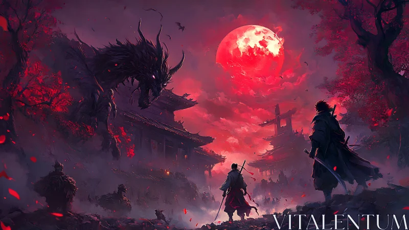 Blood-red moon looms over samurai confronting spectral dragon.