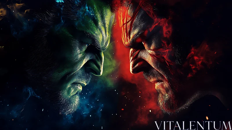 Fiery and emerald warriors locked in intense cosmic duel.