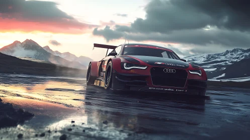 Crimson racer hunts horizons across stormlit alpine asphalt.