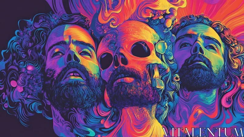 Psychedelic trinity portrait with spectral skull and fluid vectors.