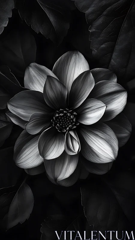 Monochromatic flower structure with layered petals against dark foliage.