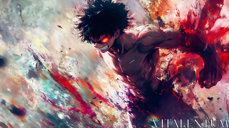 Energetic anime figure in explosive abstract motion field.