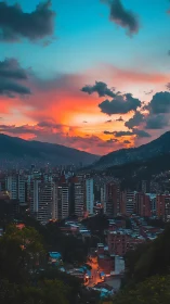 City towers lean into a volcanic sunset over quiet valleys