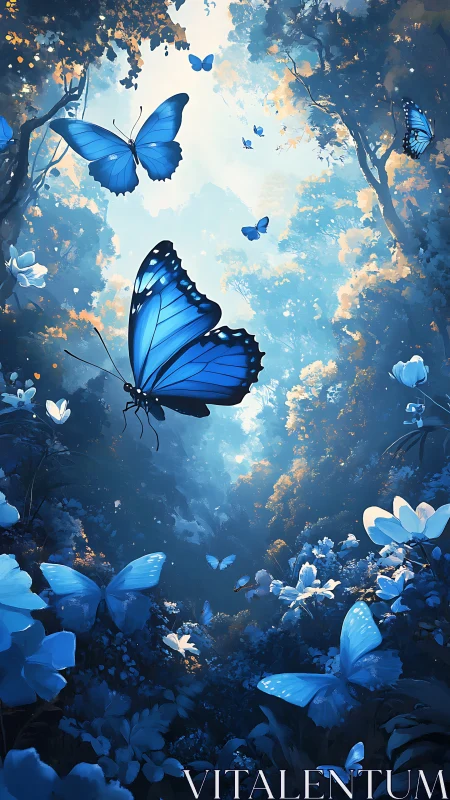 Vivid blue butterflies gliding through a glowing forest clearing.