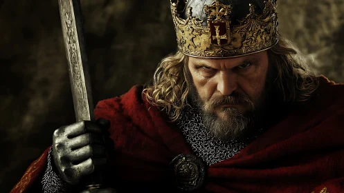 Storm-eyed medieval king clutching a battle scarred sword.